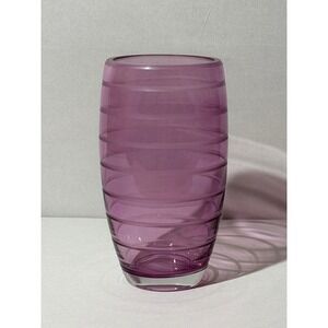Teleflora Purple Pink Glass Barrel Vase with Etched Frosted Horizontal Bands 8"